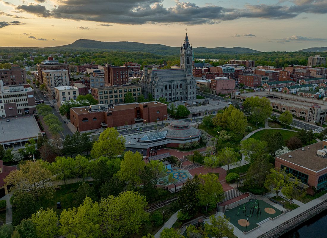 Holyoke, MA - Aerial View of Holyoke Mass, City Hall During Sunset